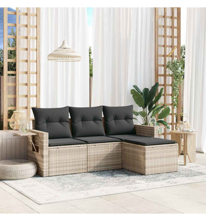 Salon de jardin 4 pcs avec coussins gris clair résine tressée | Mobilier & Déco