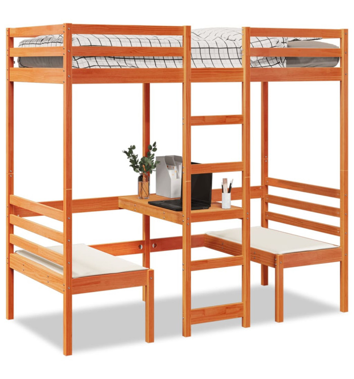 Lit mezzanine avec bureau et chaises brun cire 90x190 cm pin | Mobilier & Déco