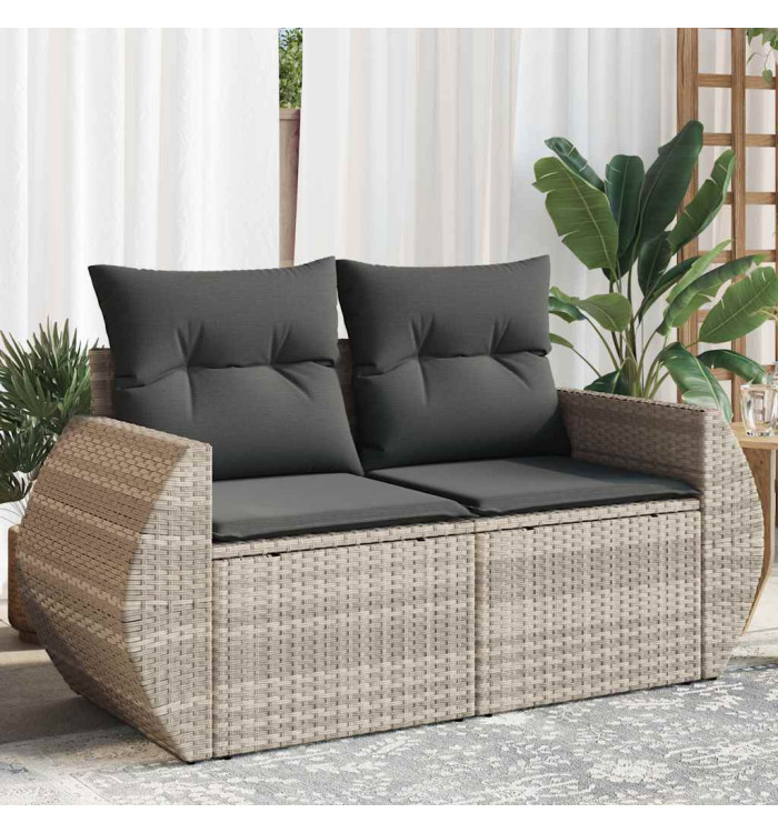 Canapé de jardin 2 places et coussins gris clair résine tressée | Mobilier & Déco