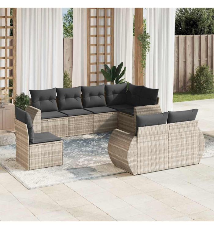 Salon de jardin 8 pcs avec coussins gris clair résine tressée | Mobilier & Déco