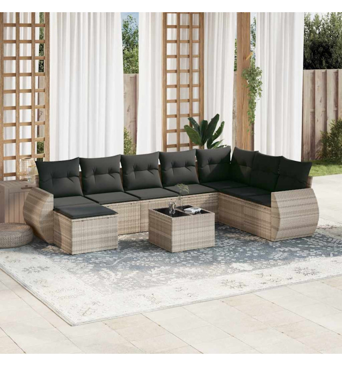 Salon de jardin 9 pcs avec coussins gris clair résine tressée | Mobilier & Déco