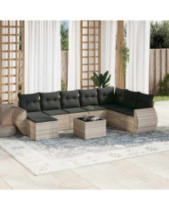 Salon de jardin 9 pcs avec coussins gris clair résine tressée | Mobilier & Déco
