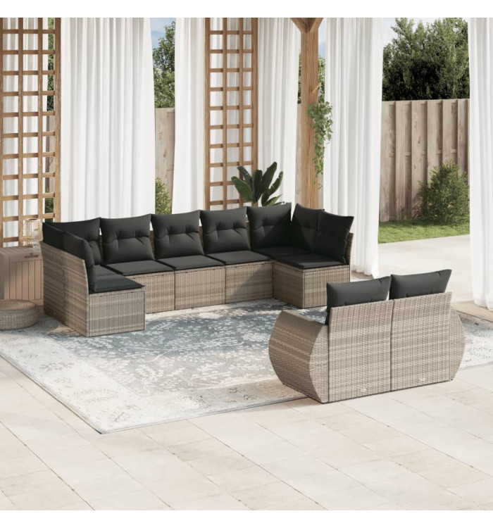 Salon de jardin 9 pcs avec coussins gris clair résine tressée | Mobilier & Déco