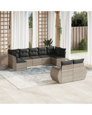 Salon de jardin 9 pcs avec coussins gris clair résine tressée | Mobilier & Déco