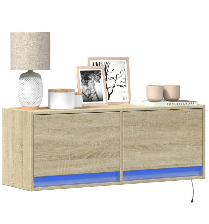 Meuble TV mural avec lumières LED chêne sonoma 100x31x35 cm | Mobilier & Déco