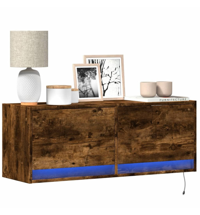 Meuble TV mural avec lumières LED chêne fumé 100x31x35 cm | Mobilier & Déco