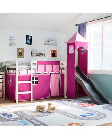 Lit mezzanine enfants avec tour rose 90x200 cm bois pin massif | Mobilier & Déco