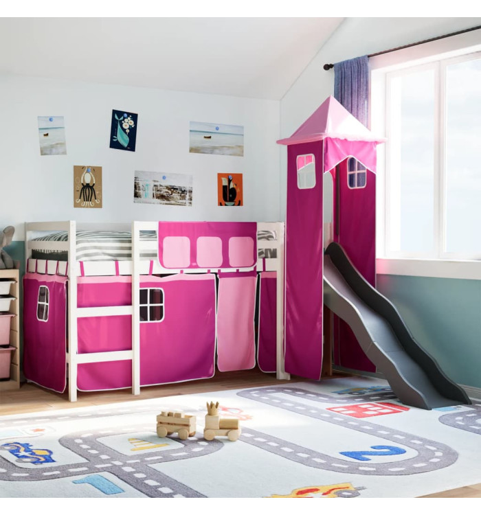 Lit mezzanine enfants avec tour rose 90x200 cm bois pin massif | Mobilier & Déco