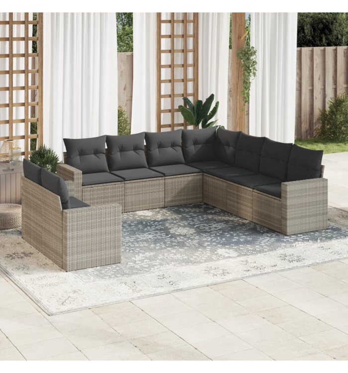 Salon de jardin 9 pcs avec coussins gris clair résine tressée | Mobilier & Déco