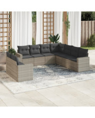 Salon de jardin 9 pcs avec coussins gris clair résine tressée | Mobilier & Déco