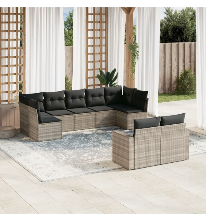 Salon de jardin 9 pcs avec coussins gris clair résine tressée | Mobilier & Déco
