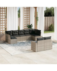 Salon de jardin 9 pcs avec coussins gris clair résine tressée | Mobilier & Déco