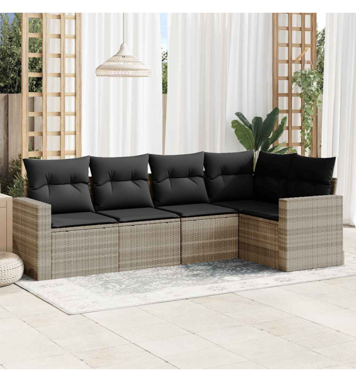 Salon de jardin 5 pcs avec coussins gris clair résine tressée | Mobilier & Déco