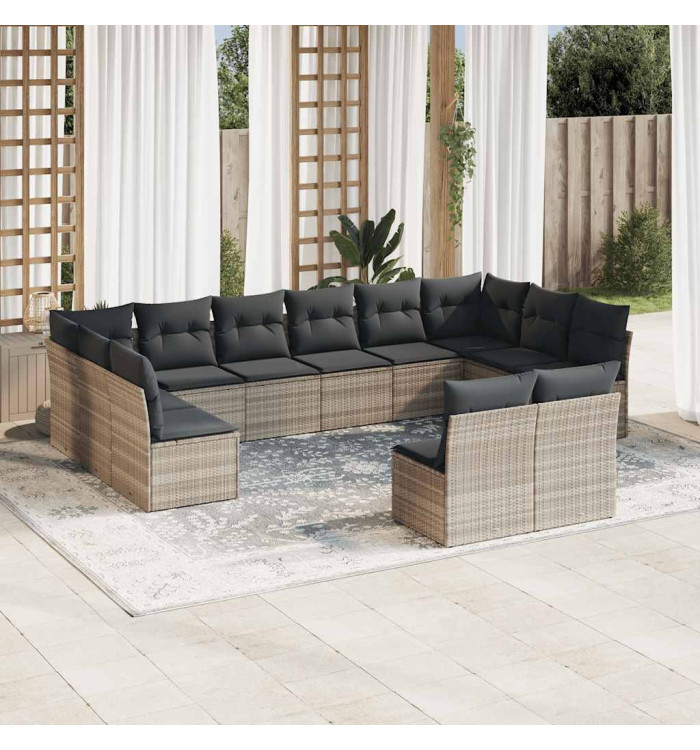Salon de jardin avec coussins 12 pcs gris clair résine tressée | Mobilier & Déco
