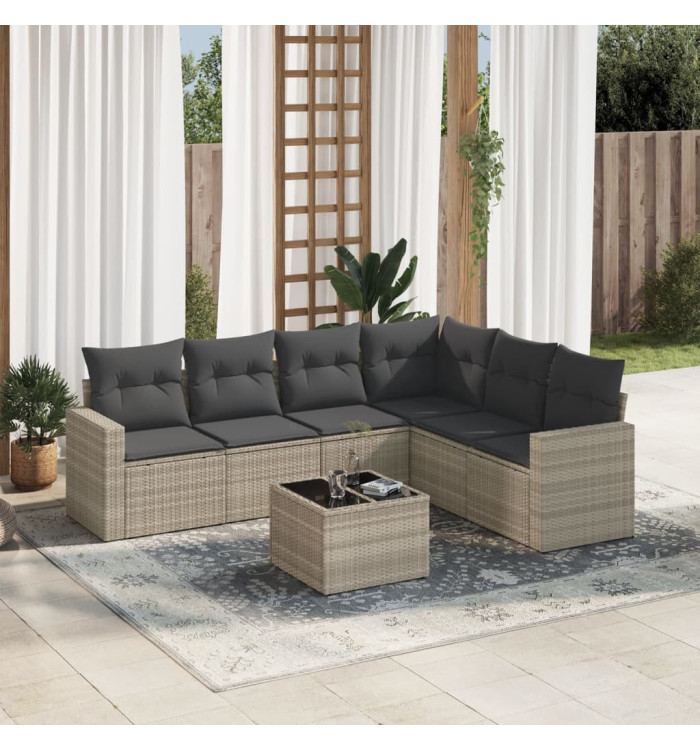 Salon de jardin avec coussins 7 pcs gris clair résine tressée | Mobilier & Déco