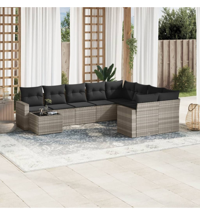 Salon de jardin avec coussins 10 pcs gris clair résine tressée | Mobilier & Déco