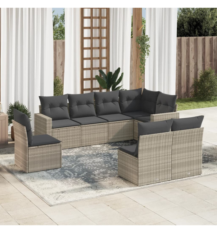 Salon de jardin 8 pcs avec coussins gris clair résine tressée | Mobilier & Déco