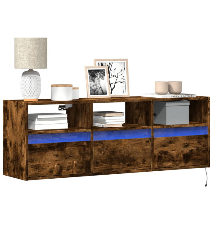 Meuble TV mural avec lumières LED chêne fumé 130x31x45 cm | Mobilier & Déco