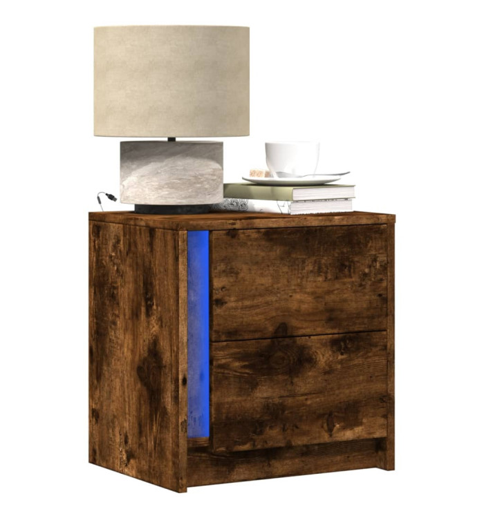 Armoire de chevet et lumières LED chêne fumé bois d'ingénierie | Mobilier & Déco
