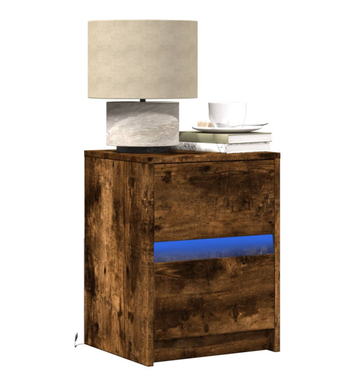 Armoire de chevet et lumières LED chêne fumé bois d'ingénierie | Mobilier & Déco
