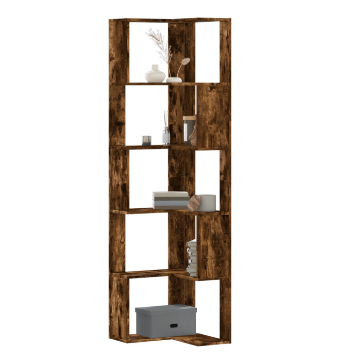 Bibliothèque d'angle à 5 niveaux chêne fumé bois d'ingénierie | Mobilier & Déco