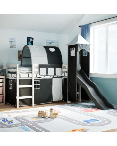 Lit mezzanine enfants avec tour blanc/noir 90x190 cm pin massif | Mobilier & Déco