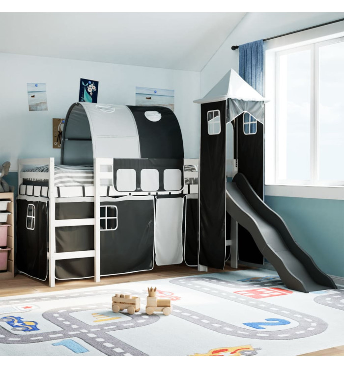 Lit mezzanine enfants avec tour blanc/noir 90x190 cm pin massif | Mobilier & Déco
