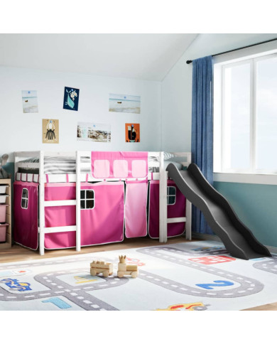 Lit mezzanine enfants et rideaux rose 90x190cm bois pin massif | Mobilier & Déco
