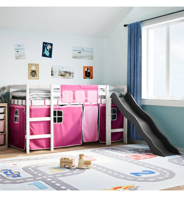 Lit mezzanine enfants et rideaux rose 90x190cm bois pin massif | Mobilier & Déco