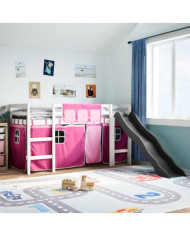 Lit mezzanine enfants et rideaux rose 90x190cm bois pin massif | Mobilier & Déco