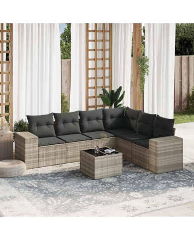 Salon de jardin avec coussins 7 pcs gris clair résine tressée | Mobilier & Déco