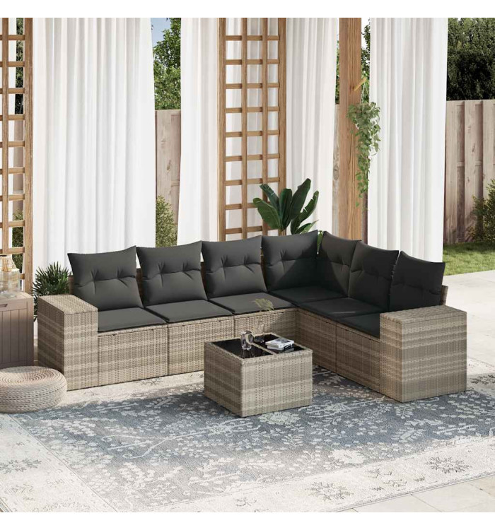 Salon de jardin avec coussins 7 pcs gris clair résine tressée | Mobilier & Déco