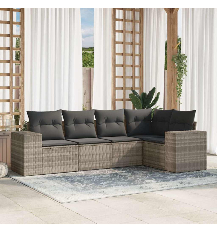 Salon de jardin 5 pcs avec coussins gris clair résine tressée | Mobilier & Déco