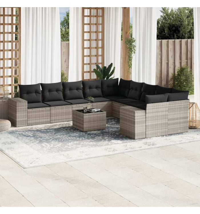 Salon de jardin 11 pcs avec coussins gris clair résine tressée | Mobilier & Déco