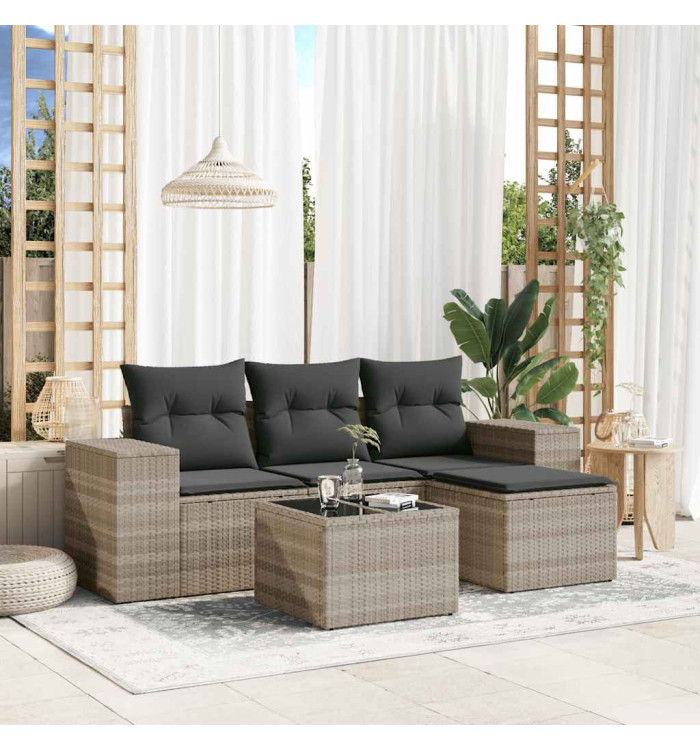 Salon de jardin 5 pcs avec coussins gris clair résine tressée | Mobilier & Déco