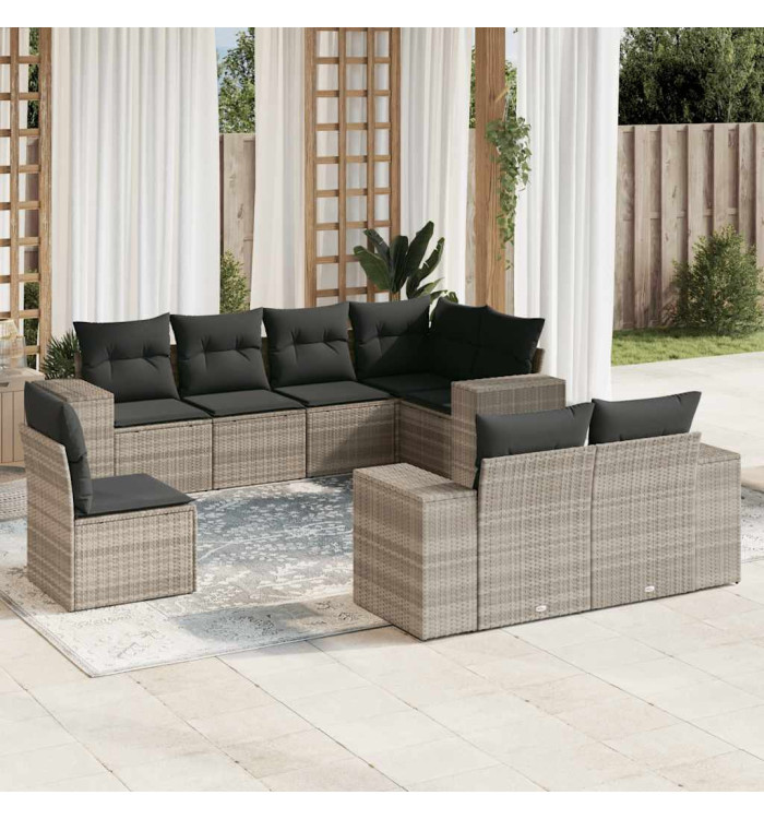 Salon de jardin 8 pcs avec coussins gris clair résine tressée | Mobilier & Déco