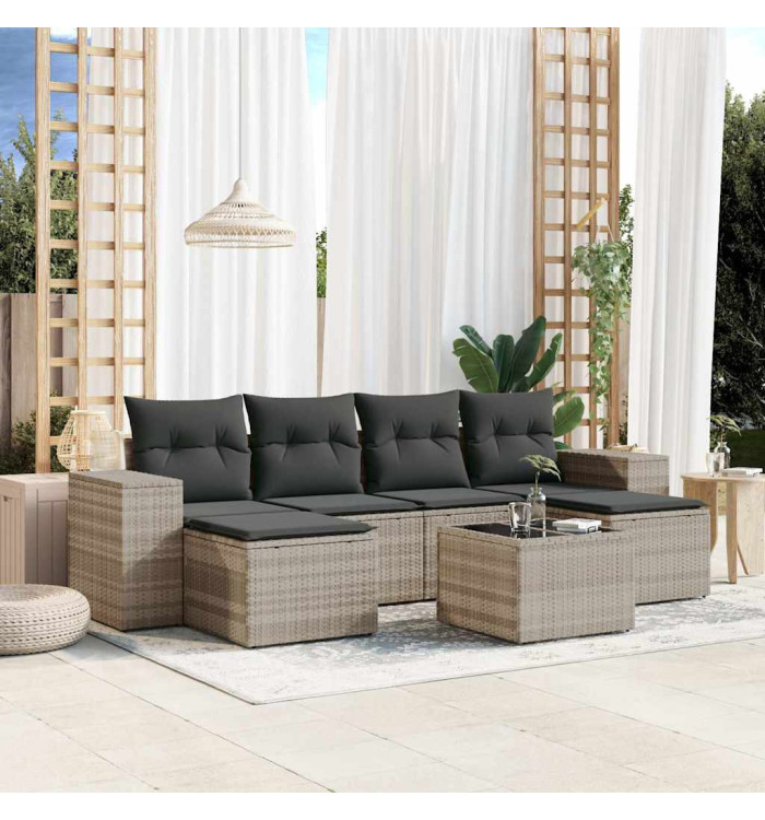 Salon de jardin avec coussins 7 pcs gris clair résine tressée | Mobilier & Déco