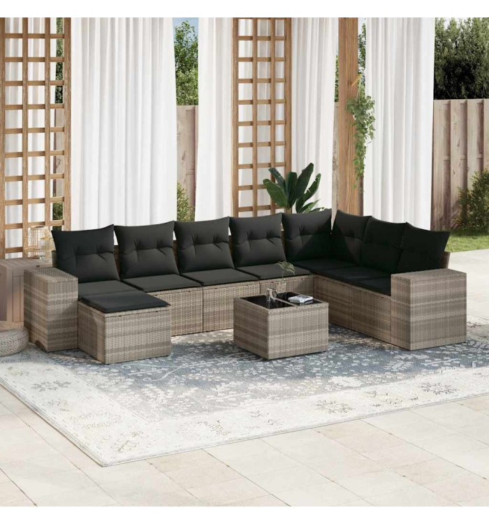 Salon de jardin 9 pcs avec coussins gris clair résine tressée | Mobilier & Déco