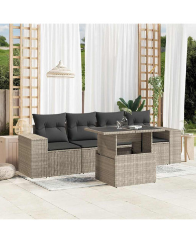 Salon de jardin 5 pcs avec coussins gris clair résine tressée | Mobilier & Déco