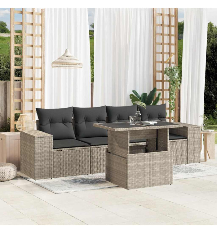 Salon de jardin 5 pcs avec coussins gris clair résine tressée | Mobilier & Déco