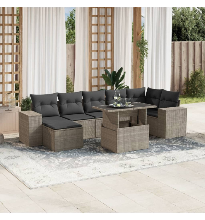Salon de jardin 8 pcs avec coussins gris clair résine tressée | Mobilier & Déco