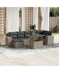 Salon de jardin 8 pcs avec coussins gris clair résine tressée | Mobilier & Déco
