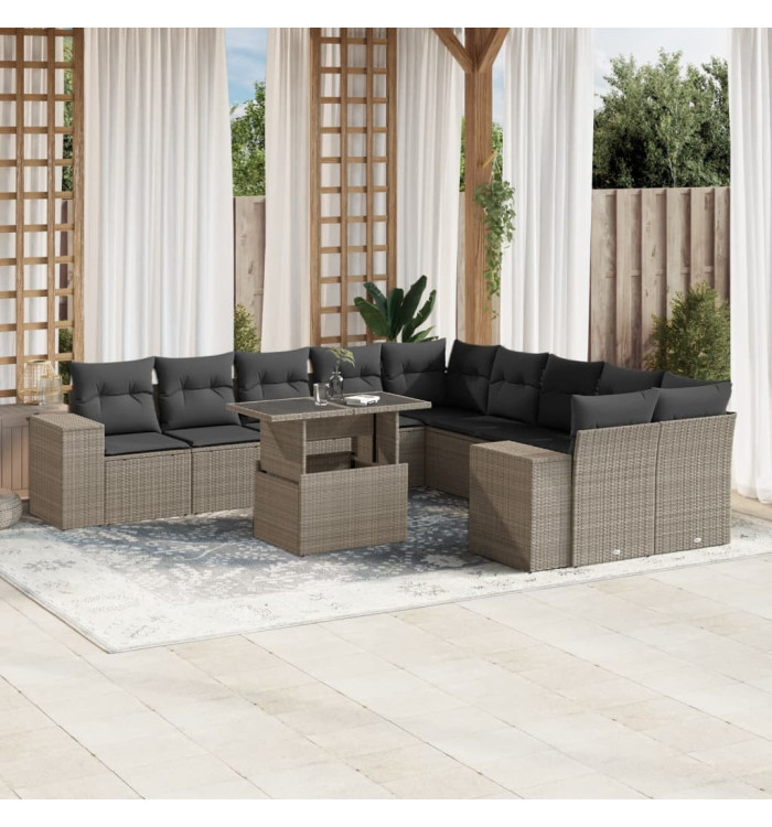 Salon de jardin 11 pcs avec coussins gris clair résine tressée | Mobilier & Déco
