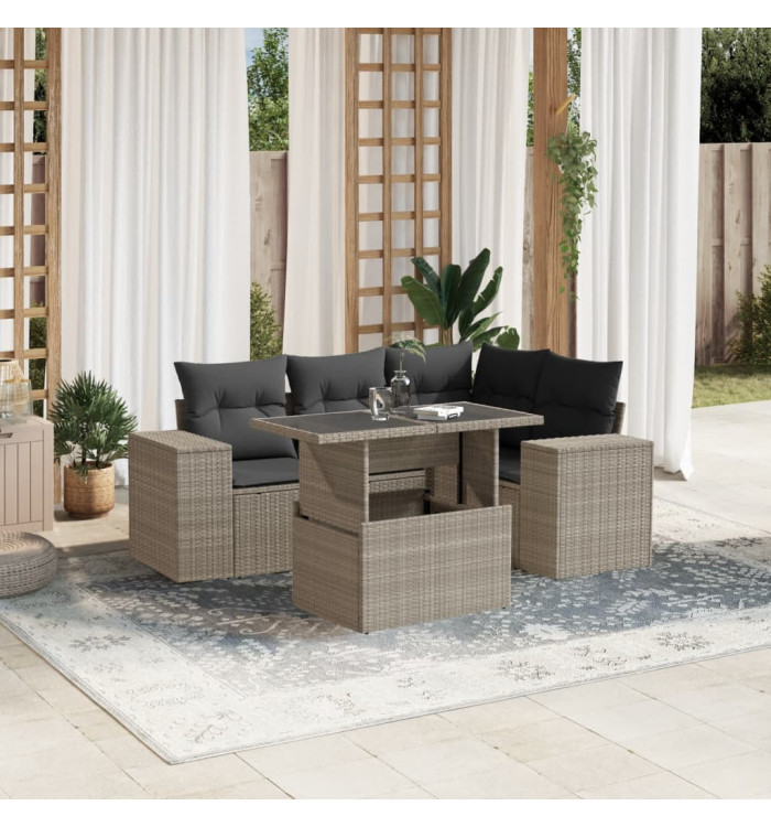 Salon de jardin 5 pcs avec coussins gris clair résine tressée | Mobilier & Déco