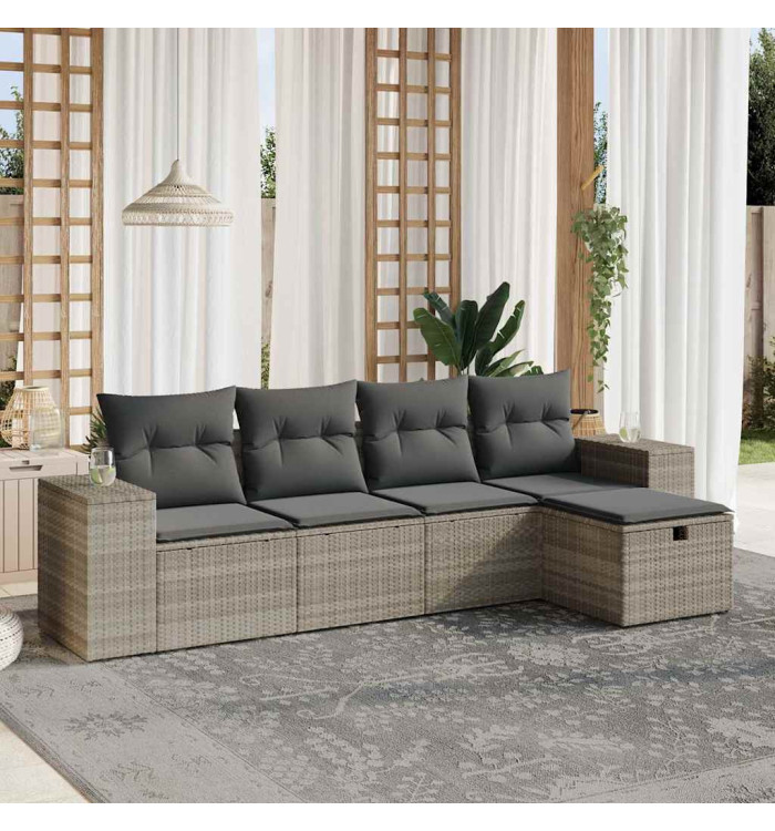 Salon de jardin 5 pcs avec coussins gris clair résine tressée | Mobilier & Déco