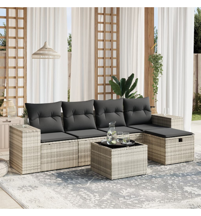Salon de jardin 6 pcs avec coussins gris clair résine tressée | Mobilier & Déco
