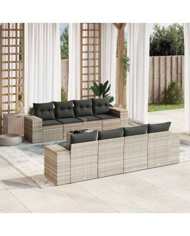 Salon de jardin 9 pcs avec coussins gris clair résine tressée | Mobilier & Déco