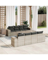 Salon de jardin 9 pcs avec coussins gris clair résine tressée | Mobilier & Déco