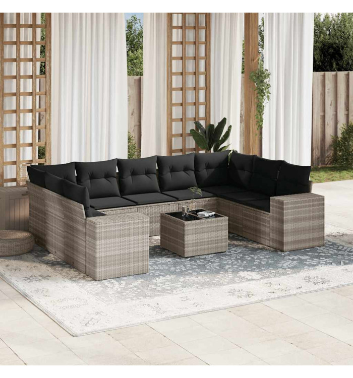 Salon de jardin avec coussins 10 pcs gris clair résine tressée | Mobilier & Déco