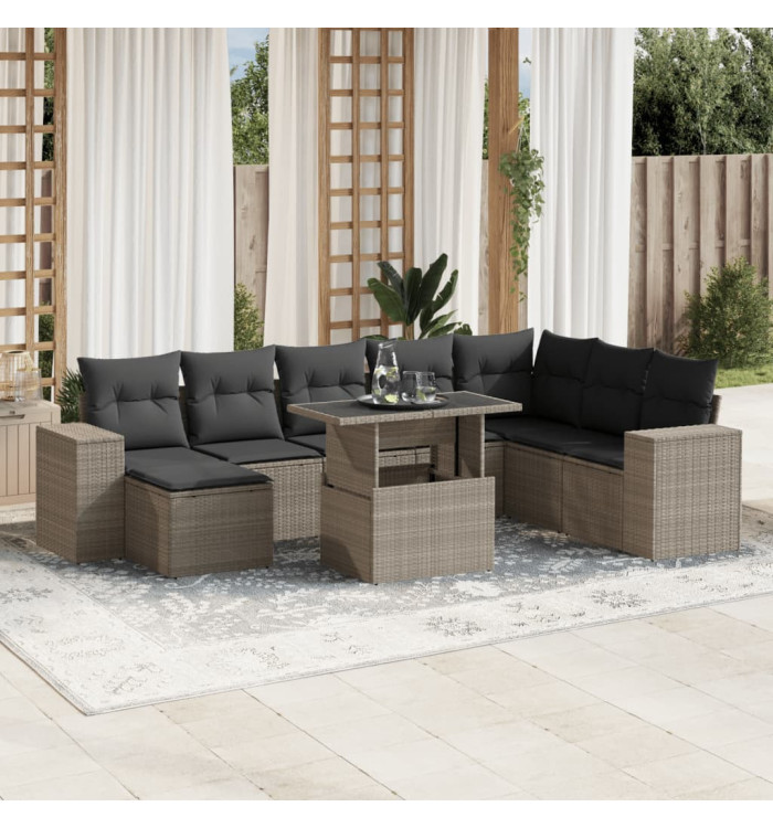 Salon de jardin 9 pcs avec coussins gris clair résine tressée | Mobilier & Déco